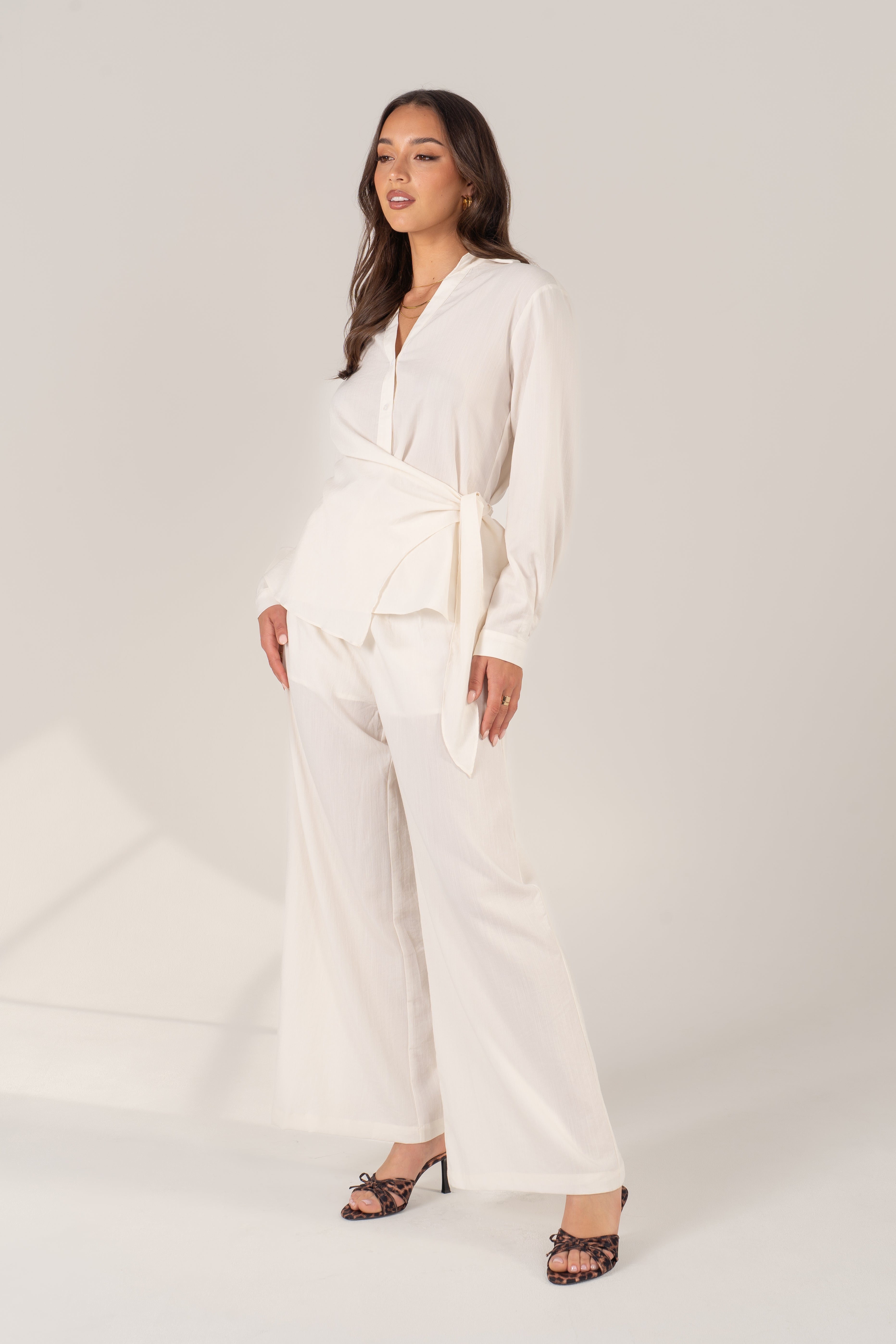 Aisling Two Piece Set - Waist Tie Button-Up Shirt & Wide-Leg Pants