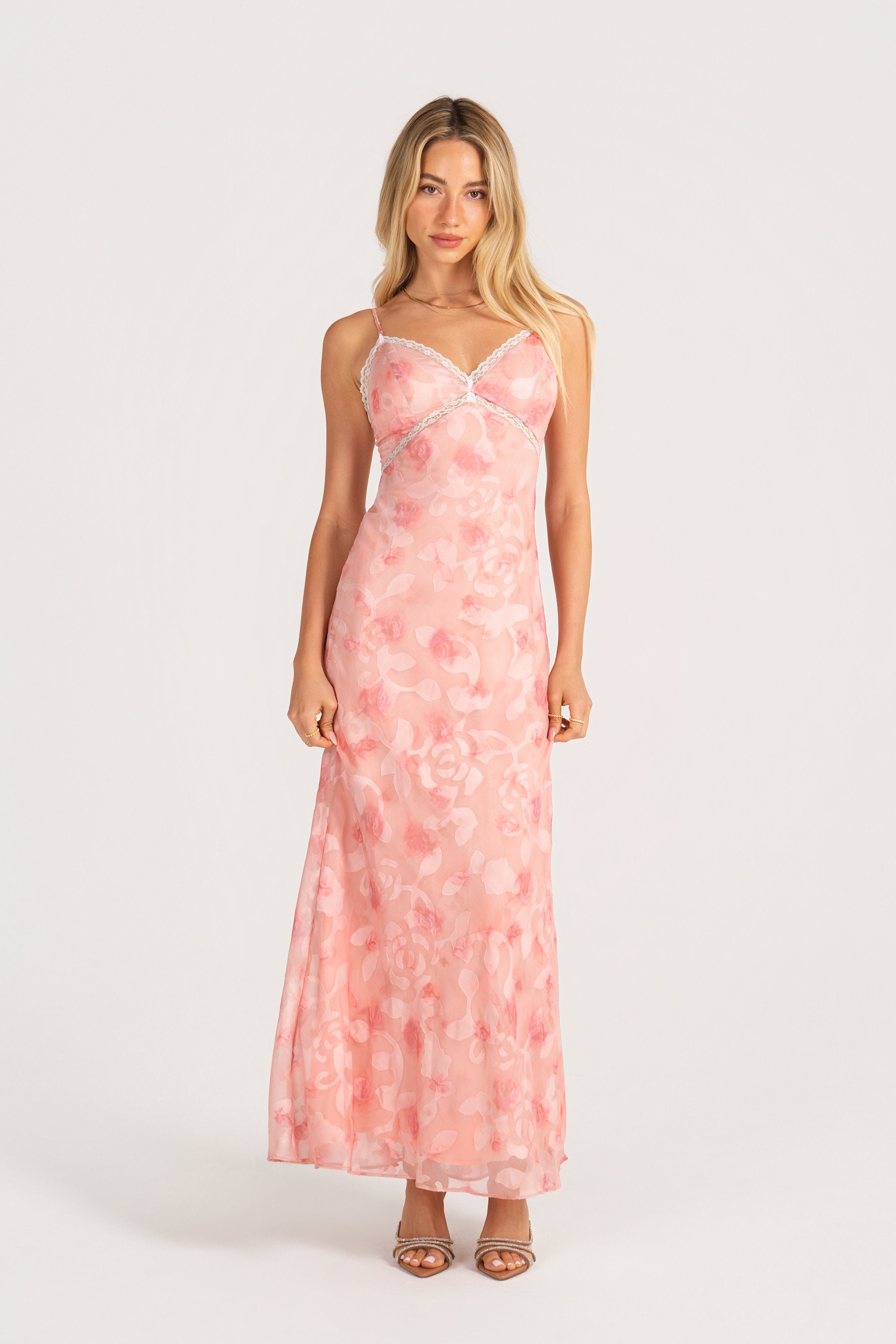 Alaina Pink Midi Dress with Lace Trims