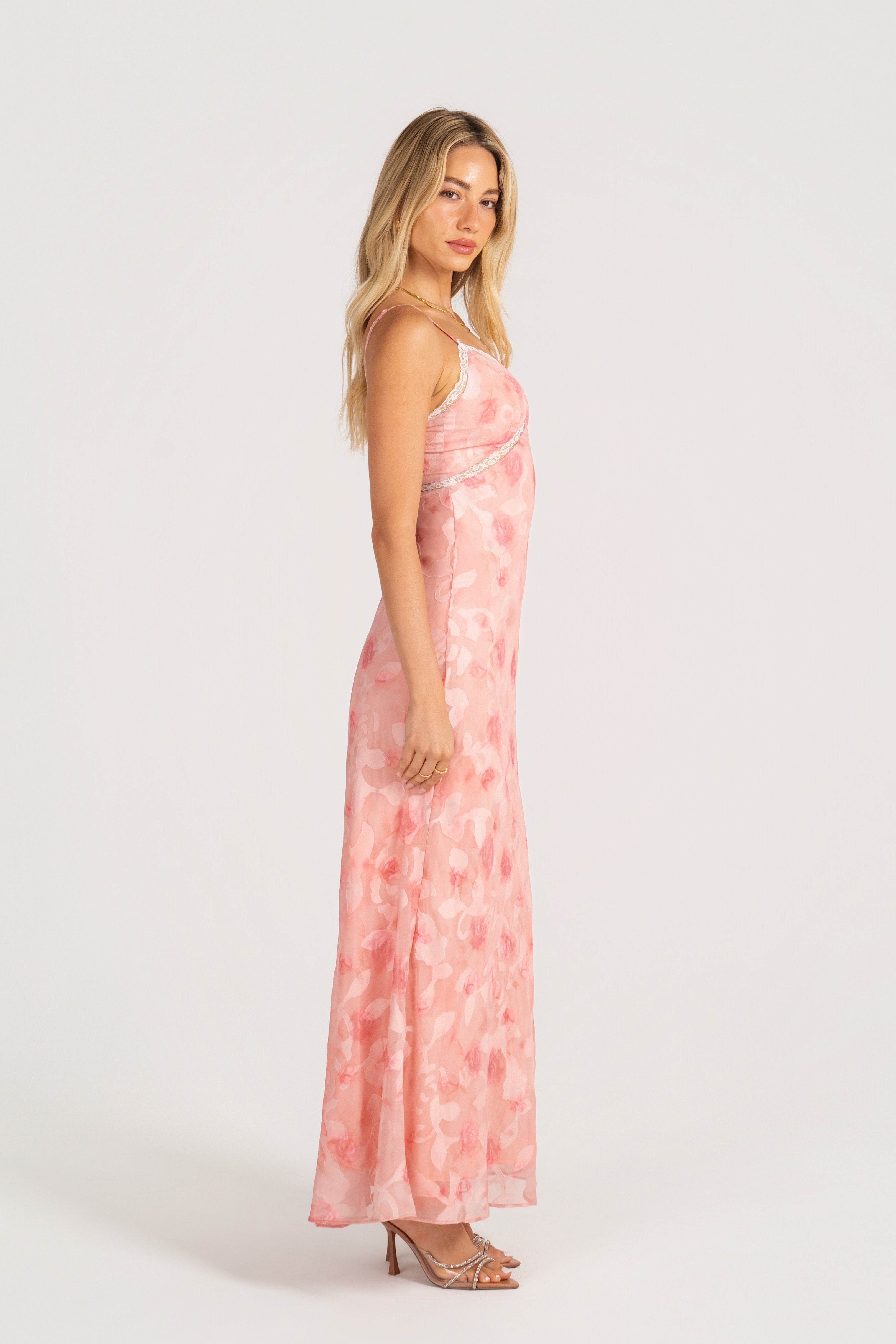 Alaina Pink Midi Dress with Lace Trims