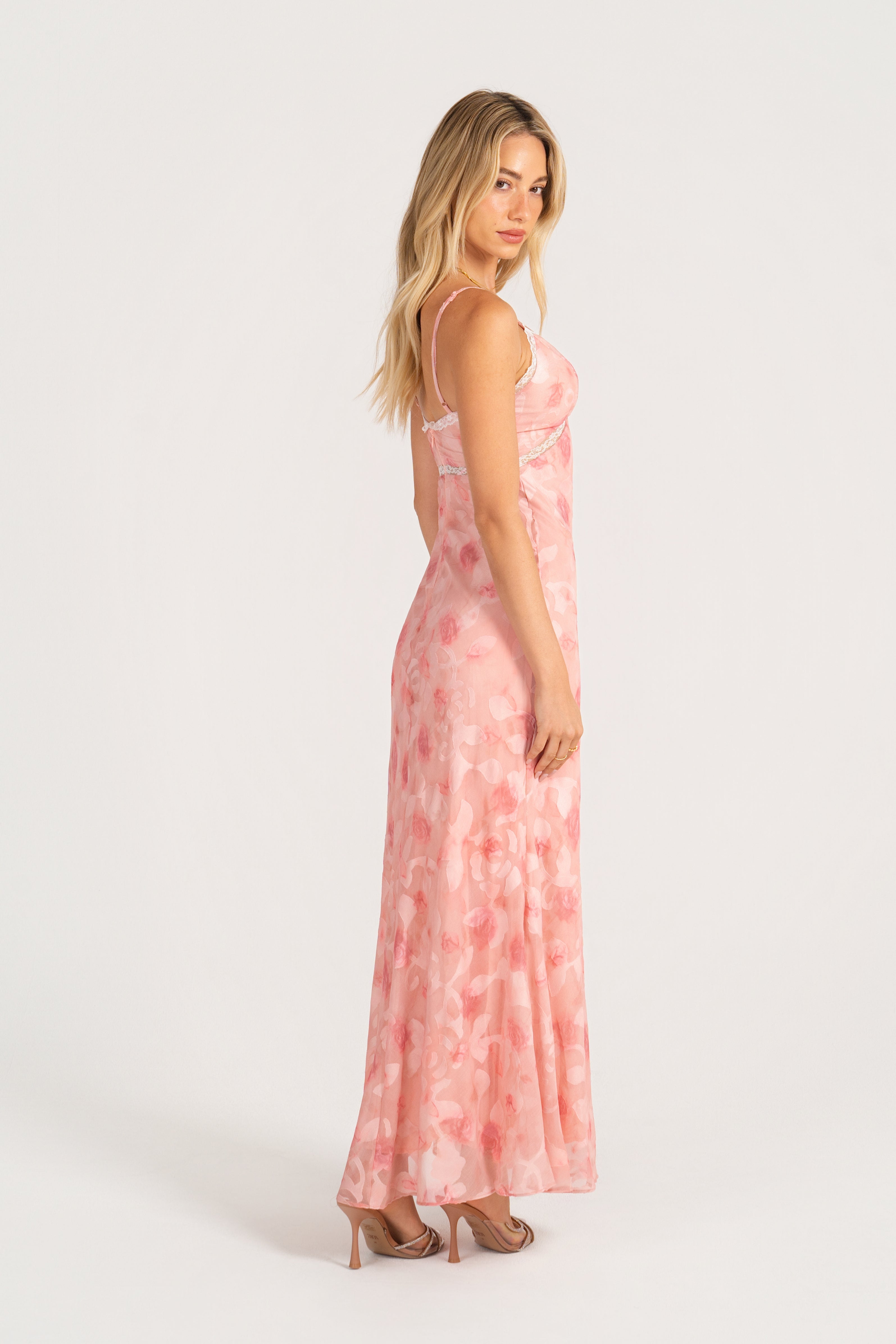 Alaina Pink Midi Dress with Lace Trims