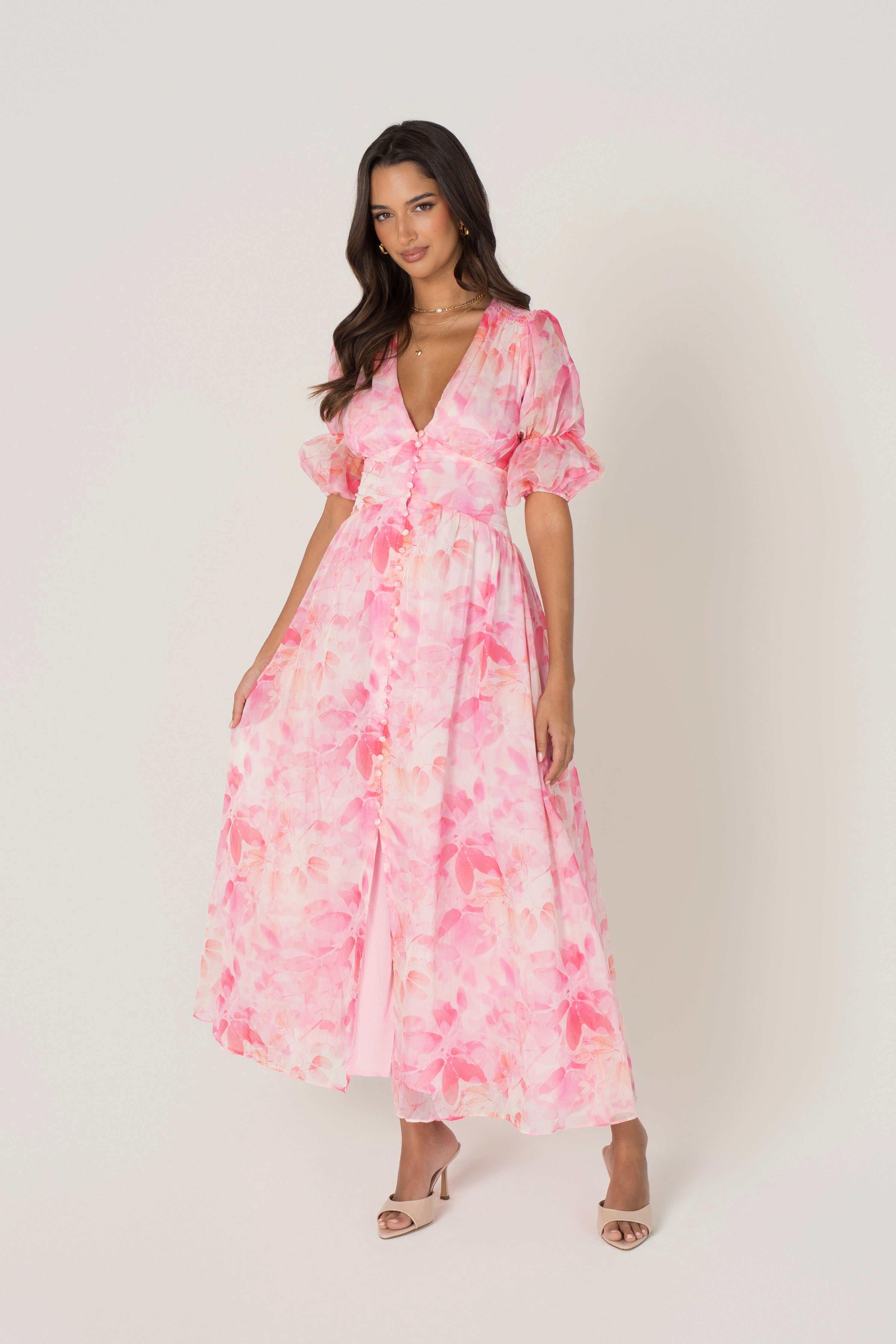 Bellamy Pink Floral Maxi with Puff Sleeves
