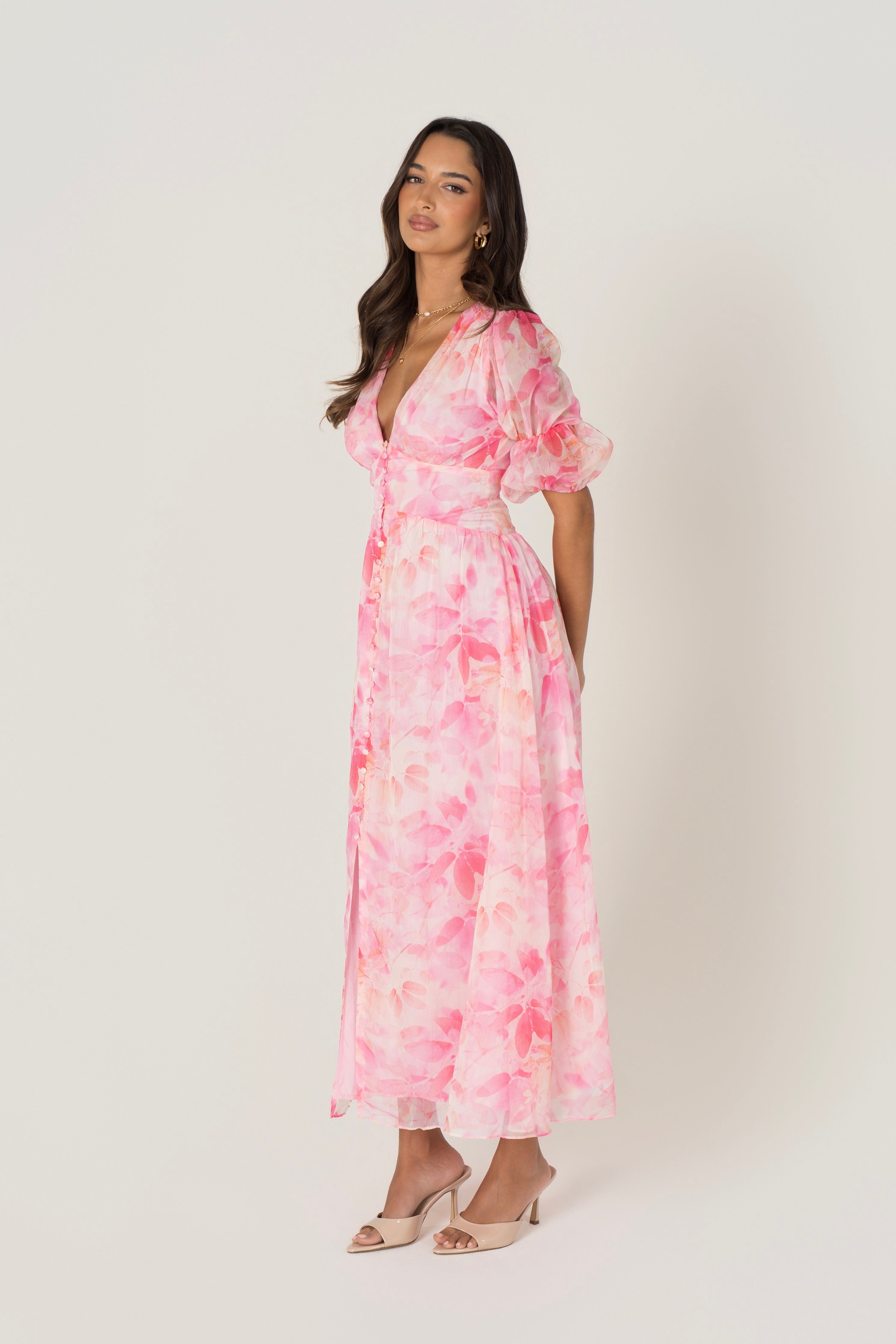 Bellamy Pink Floral Maxi with Puff Sleeves