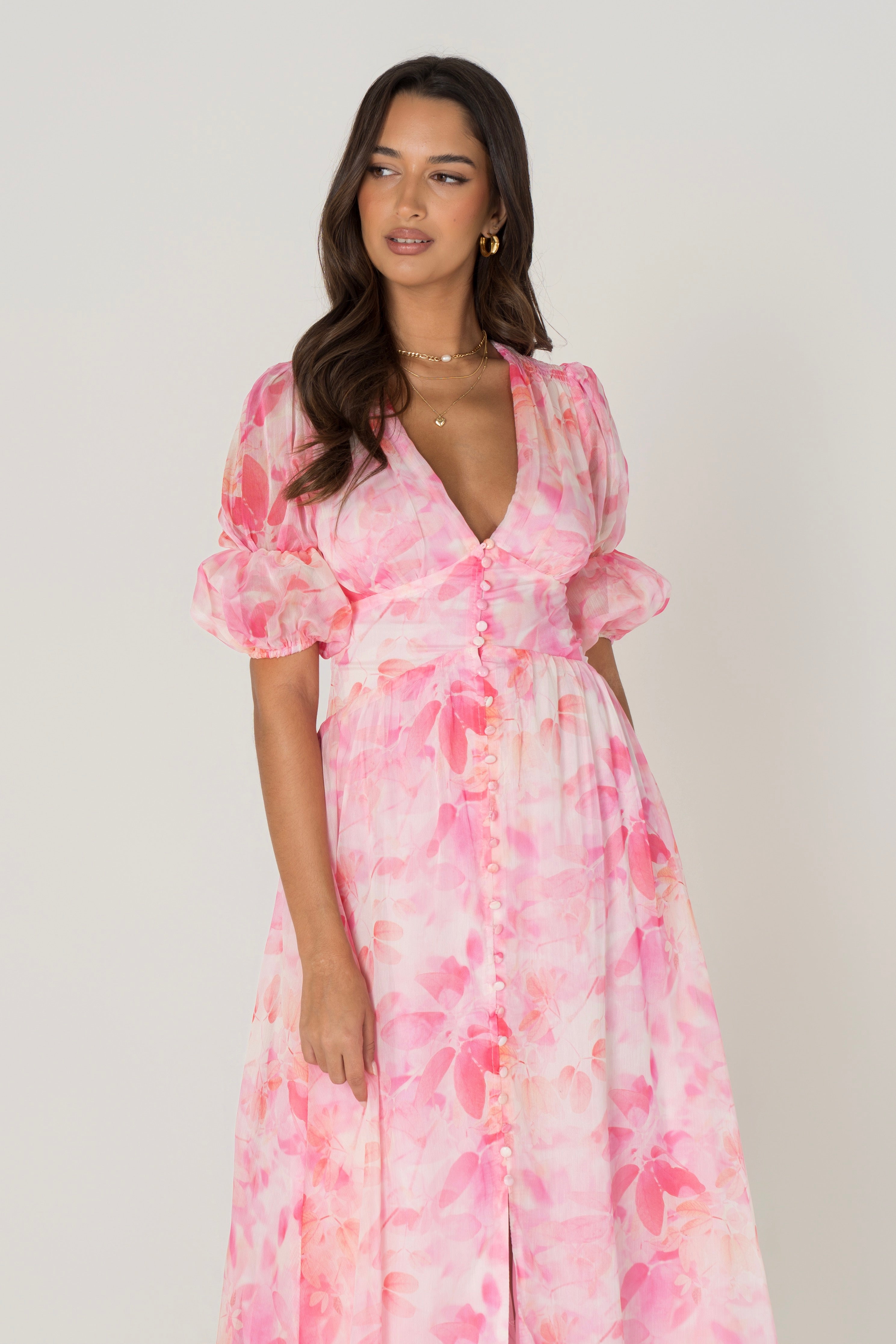 Bellamy Pink Floral Maxi with Puff Sleeves