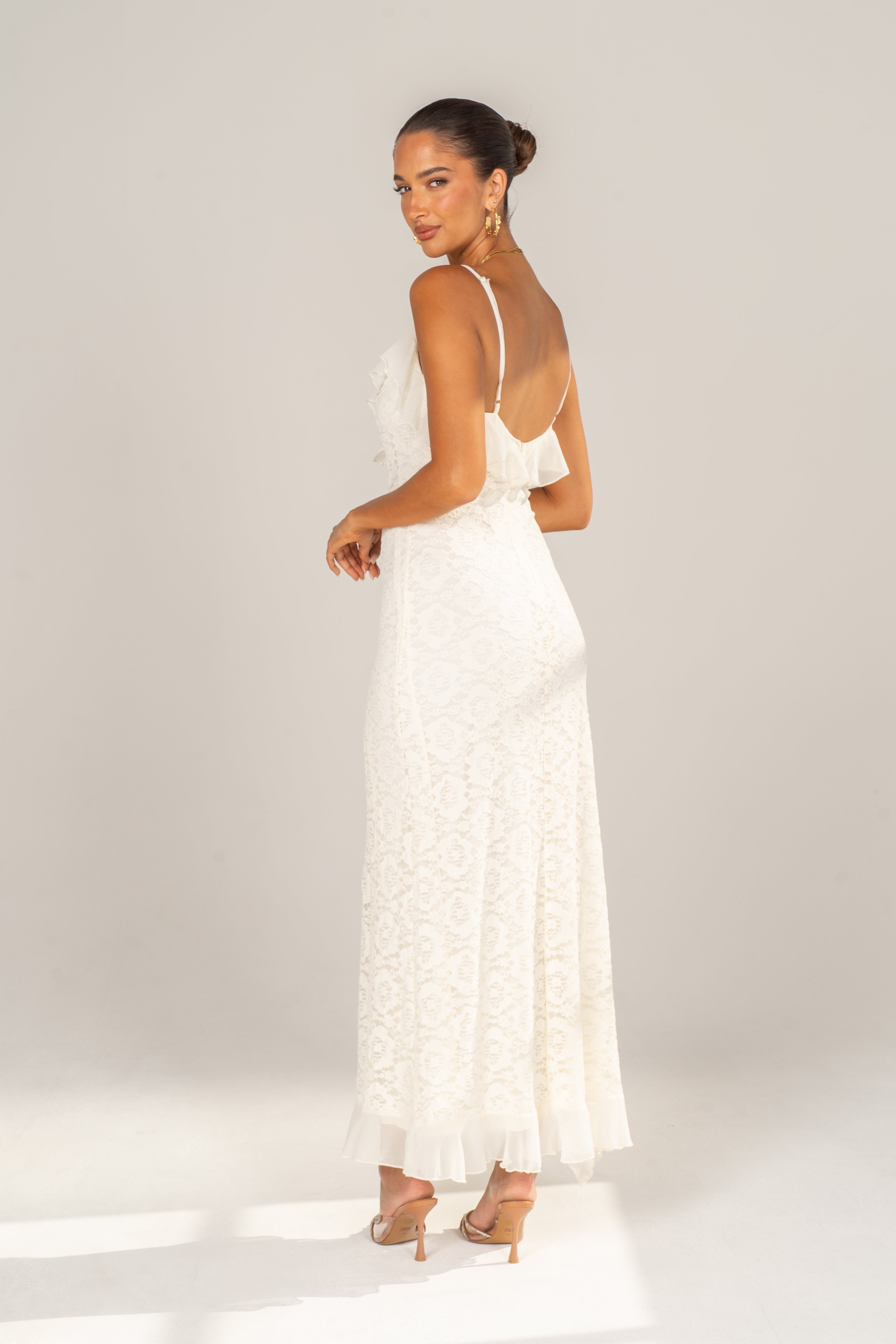Blythe Cream Embroidered Ruffle Maxi Dress